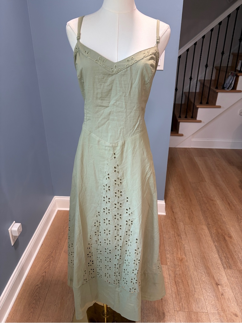 And Now This Sage Green Eyelet Cotton Midi Dress Open Back Size Large
